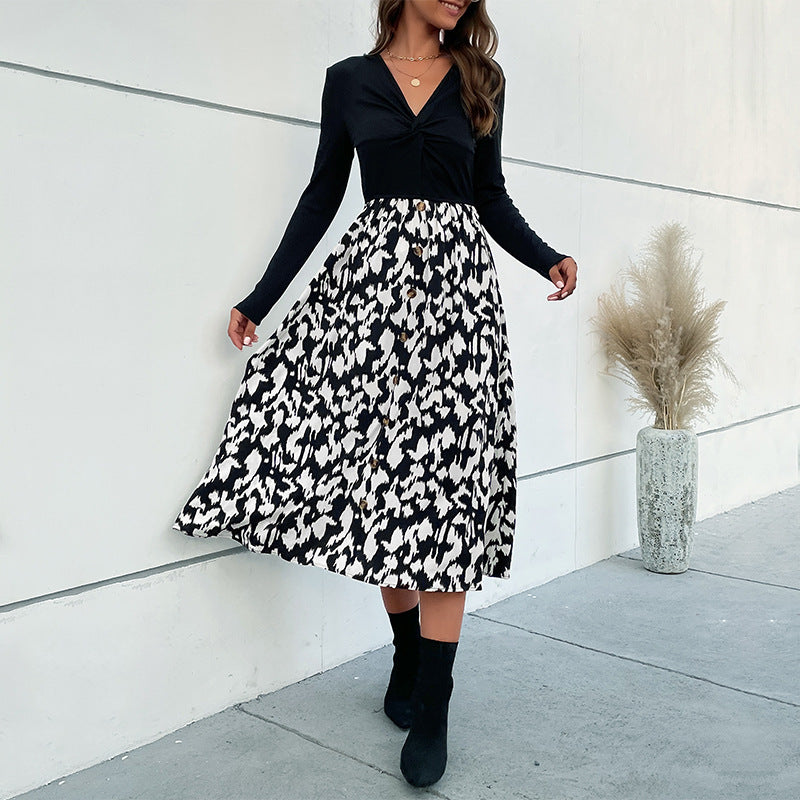New Autumn And Winter New V-Neck Dress Color Long-Sleeved Dress