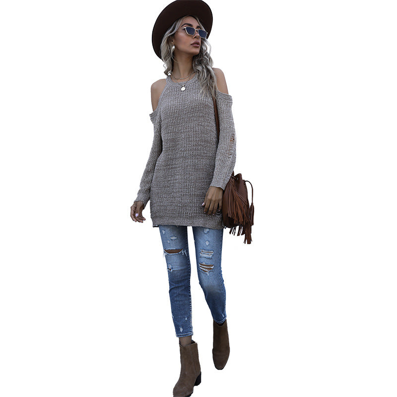 Autumn Slim Solid Color Crewneck Knitted Bottom Sweater Off-Shoulder Sweater Woman