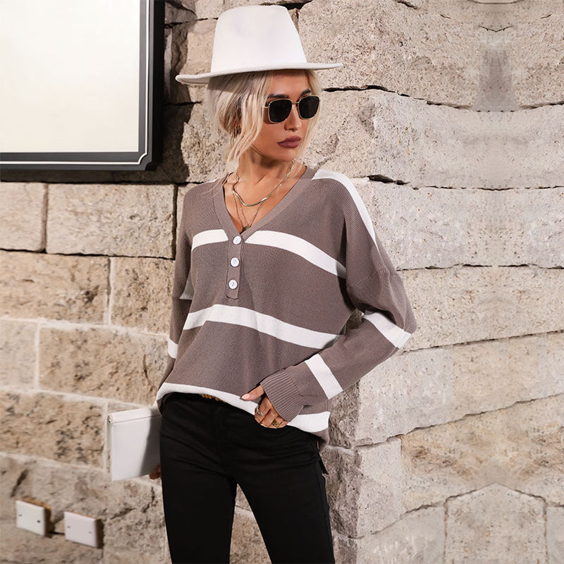 New Women's Autumn V-Neck Long Sleeve Striped Sweater Woman