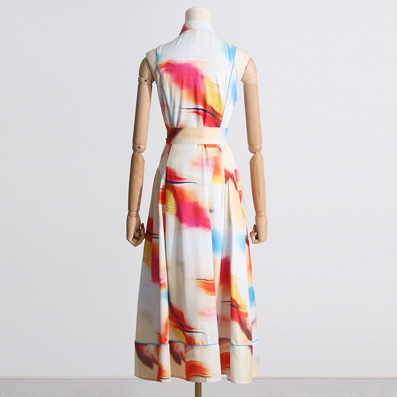 Spring New Fashion Lapel Small Print Temperament Lace-Up Waist Long Dress Women