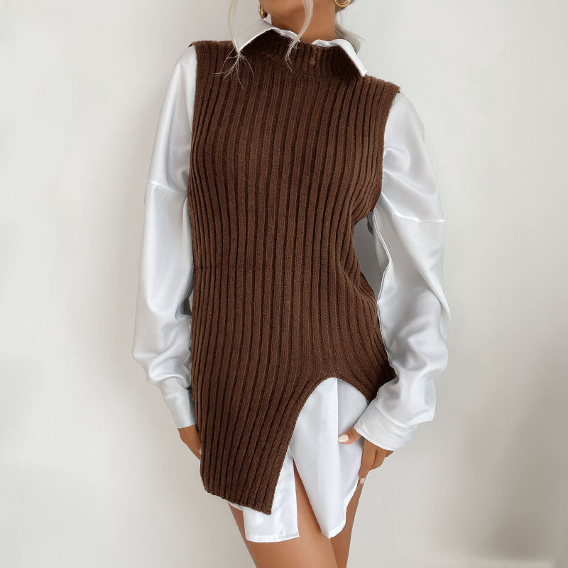 Early Autumn Women's Slit Solid Color Medium Long Vest Sweater