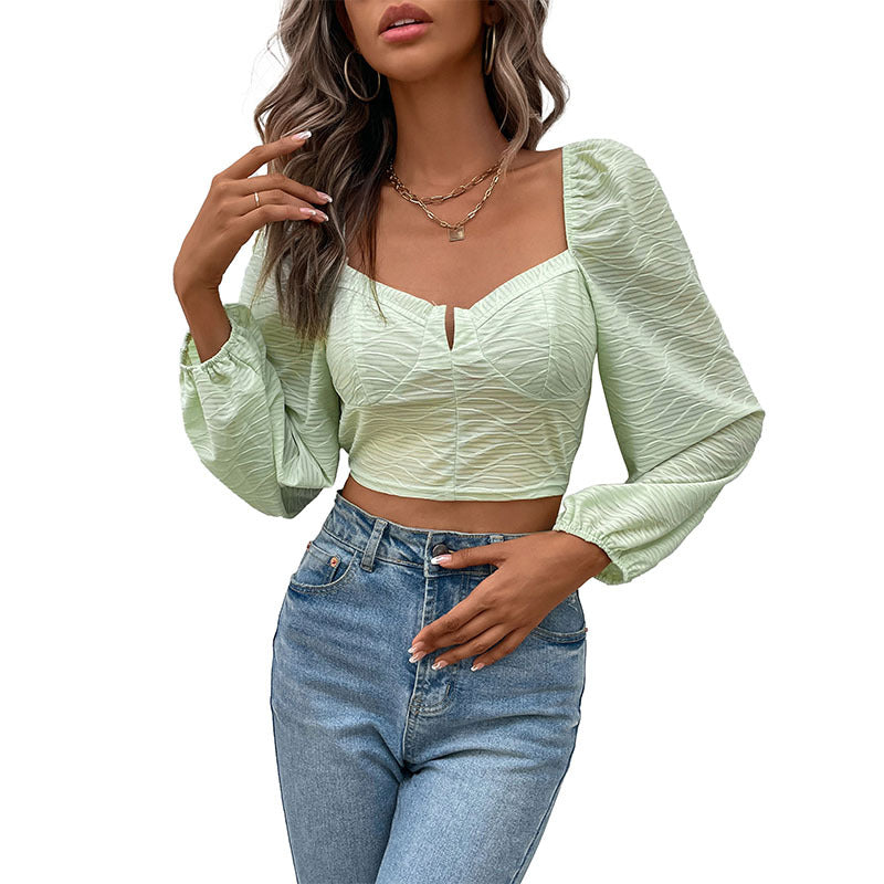 New Short Women's Solid Color Square Collar Puffy Sleeve Shirt