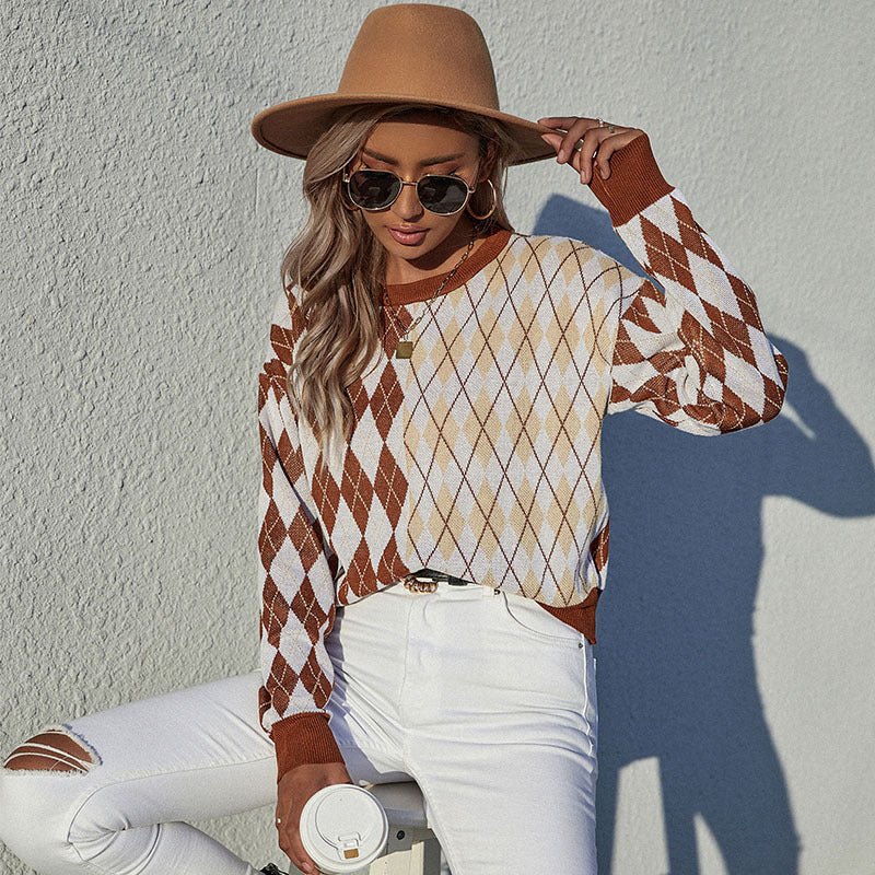 Fashion Women's Autumn Casual Long-Sleeved Diamond Check Sweater Loose Round Neck