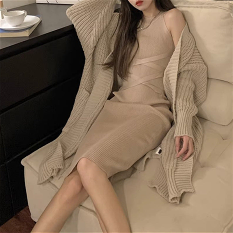 Chic & Cozy: Fall/Winter Pure Lazy Style Knit Skirt + Sweater Coat Set for Fashion-Savvy Women