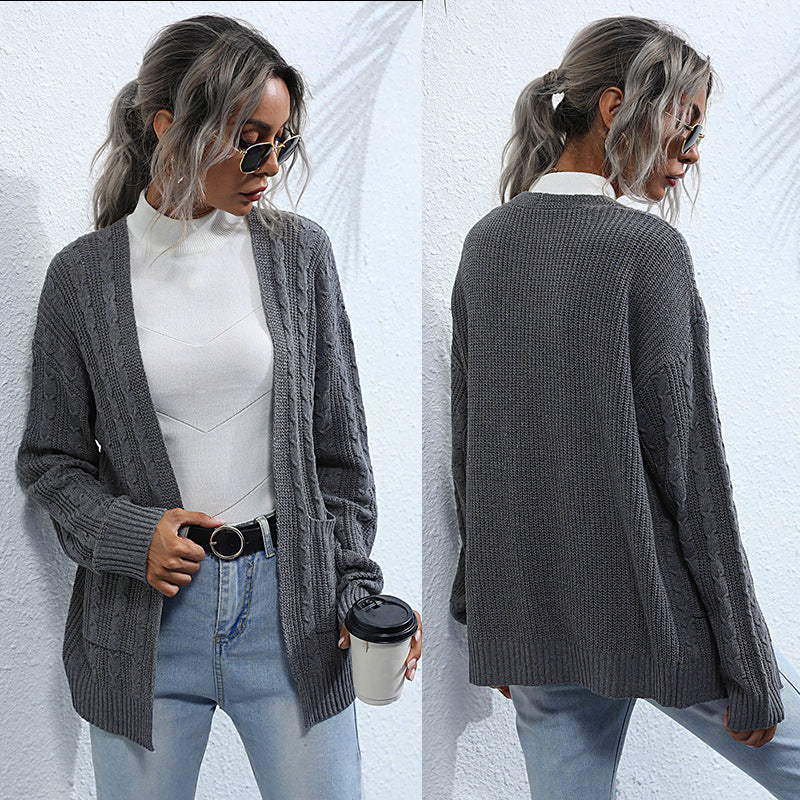 Medium Long Solid Color Twist Knitted Sweater Coat for Women