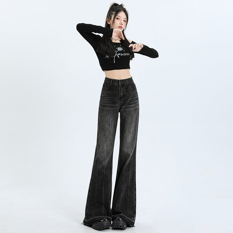 High-Waisted Jeans Women New Autumn And Winter Retro Micro-Trumpet No Elastic Loose Spice Girl Hair-Trimmed Trousers