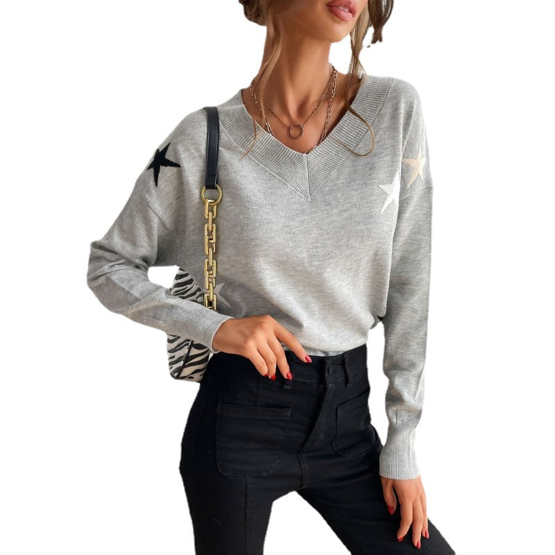 Autumn Clothing Gray V-Neck Loose Head Five-Pointed Star Sweater