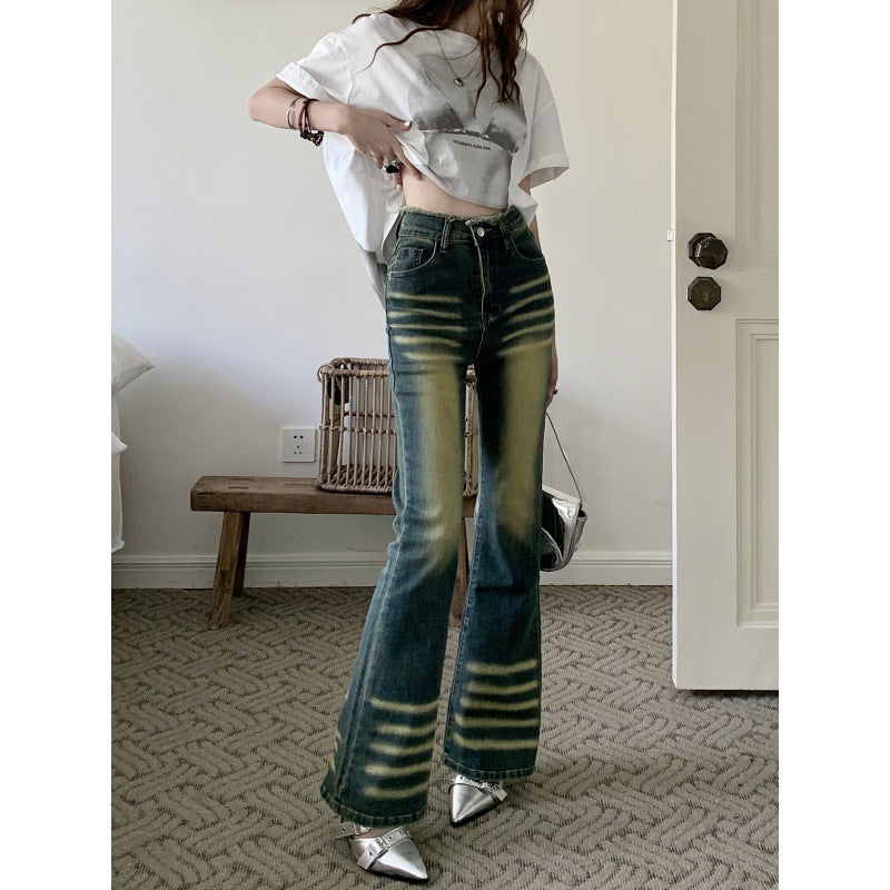 Early Fall New Retro Micro-Ripped Jeans Women Do Old High-Waisted Skinny Rough Edge Mop Bell Bottoms
