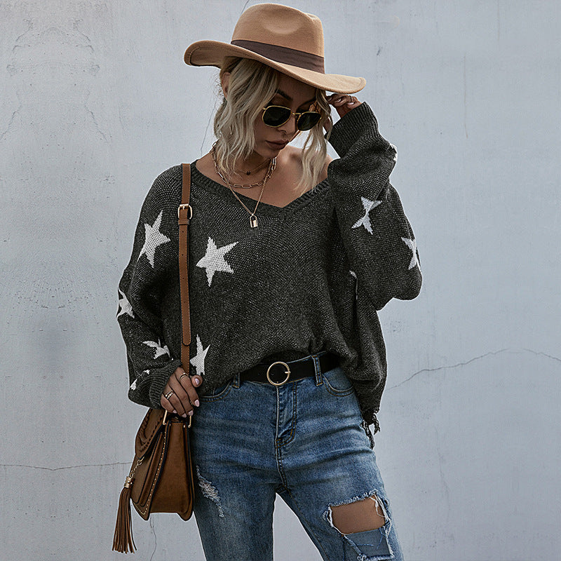 Women's Star Pattern V-Neck Fringe Knitted Sweater Autumn And Winter