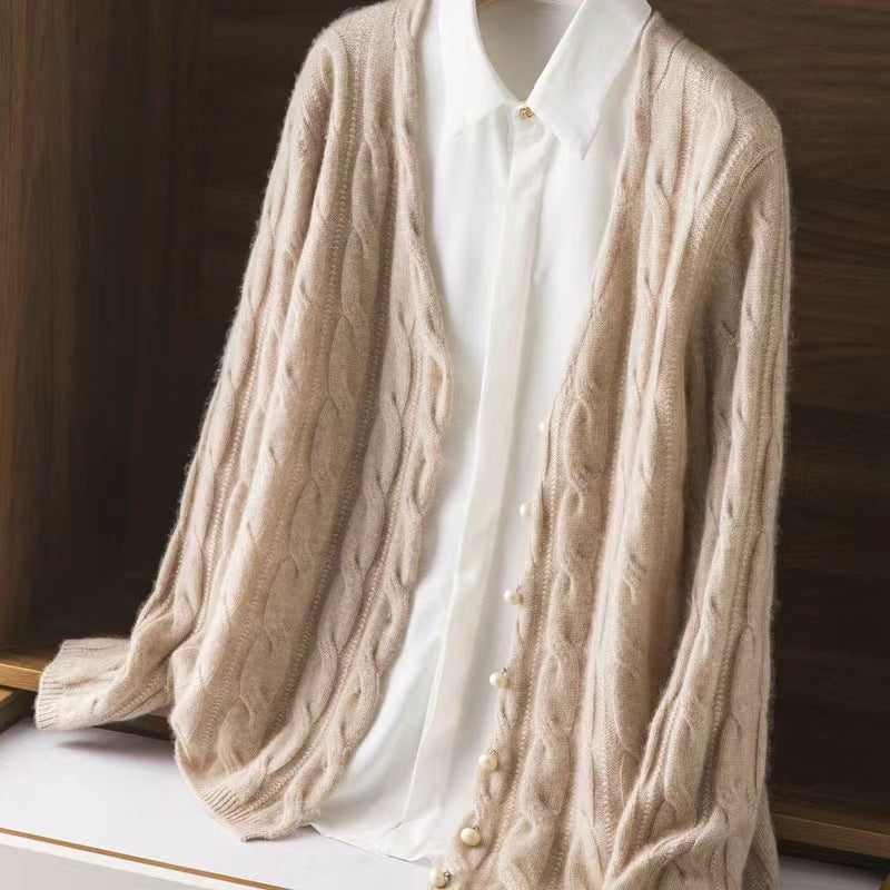 100 Pure Wool Knit Coat Cardigan Collar Loose Twist Autumn/Winter Vintage Cashmere Sweater With Extra Thickness
