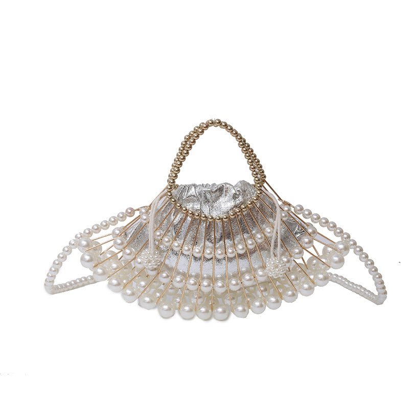 Spring Summer Retro Dinner Handbag - A Pleated Pearl Chain Diagonal Bag with Elegant Hollow-Out Design