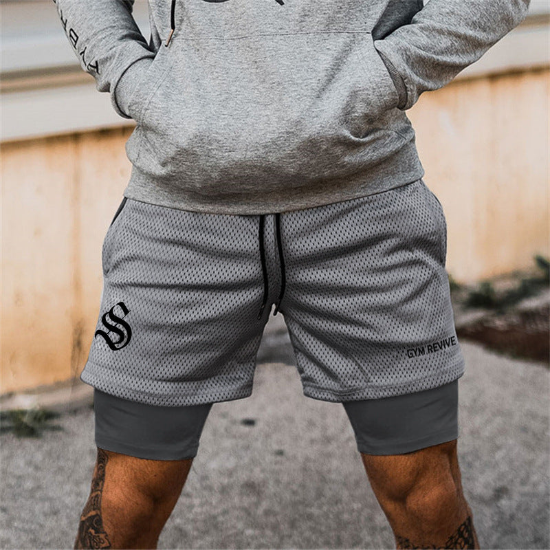 Fitness Shorts Men's Quick Drying Outdoor Sports Large Size Double-Lined Mesh Five Quarter Pants