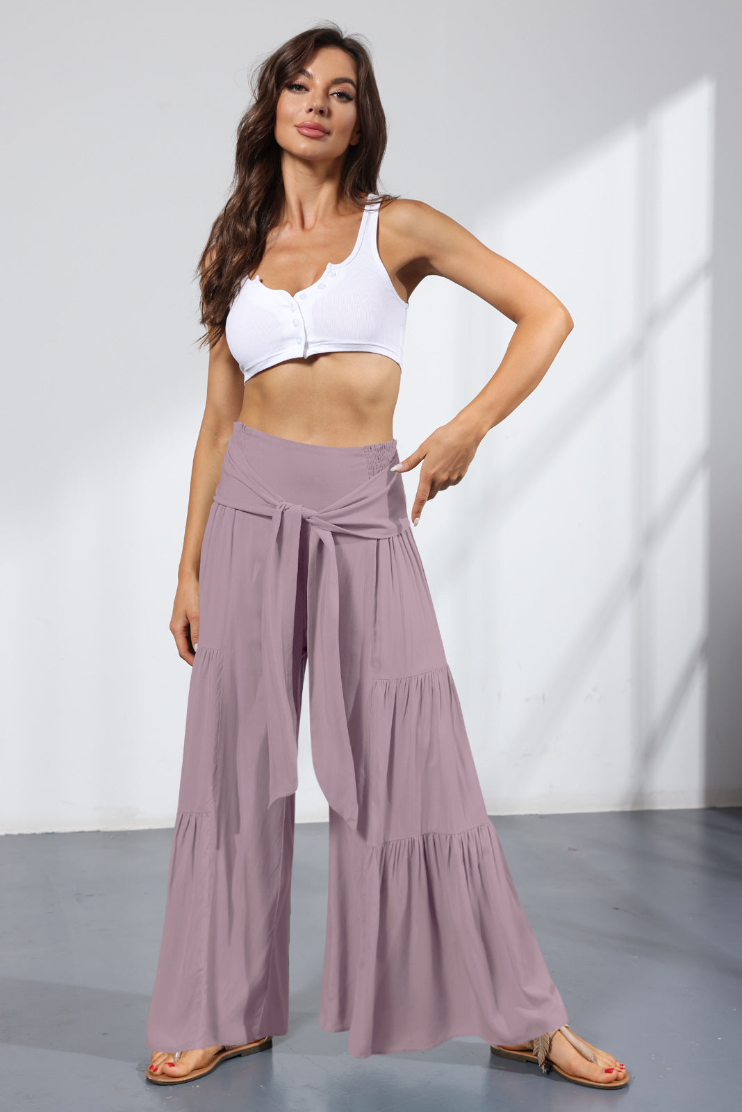 Women's Fashion Temperament Lace-Up Elastic Waist Pleated Wide-Leg Pants Casual Loose Pants