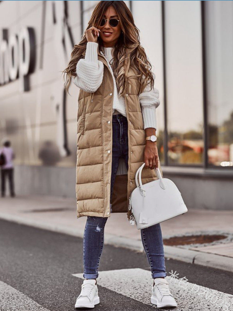 Solid Color Hooded Single Breasted Medium Long Cotton-Padded Vest Slim Temperament Cardigan Coat Top