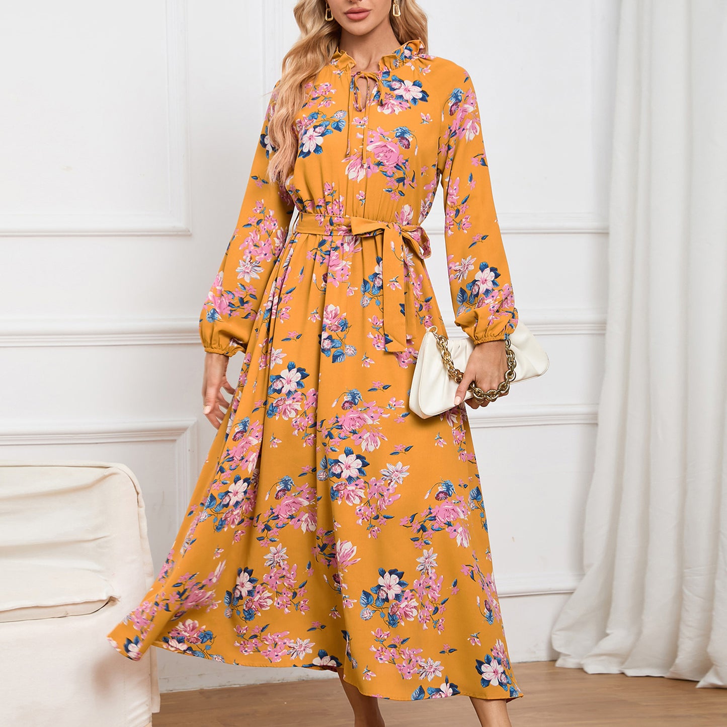 Slim-Fit Temperament Women Lantern Sleeve Stand Collar Lace Floral Skirt Mid-Length Dress
