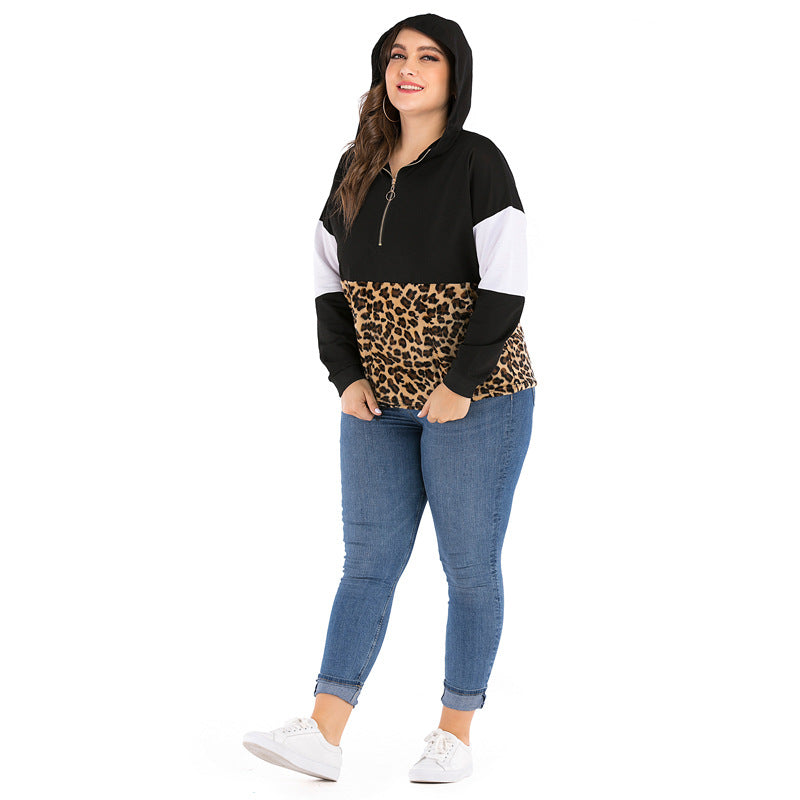 Spliced Plus-Size Plush Leopard Hoodie Women Long Sleeve Thin A Piece Of Hair
