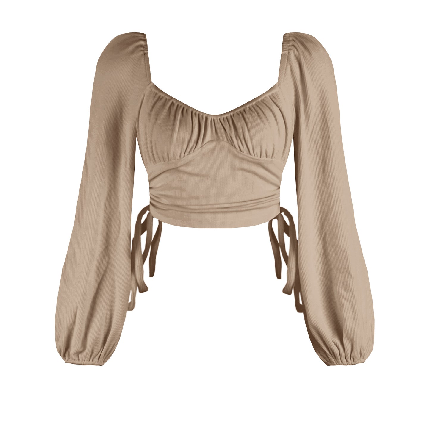 New Solid Color Sexy Square Neck Backless Autumn Drawstring Bm Top Fashion Lantern Sleeve Ribbed T-Shirt