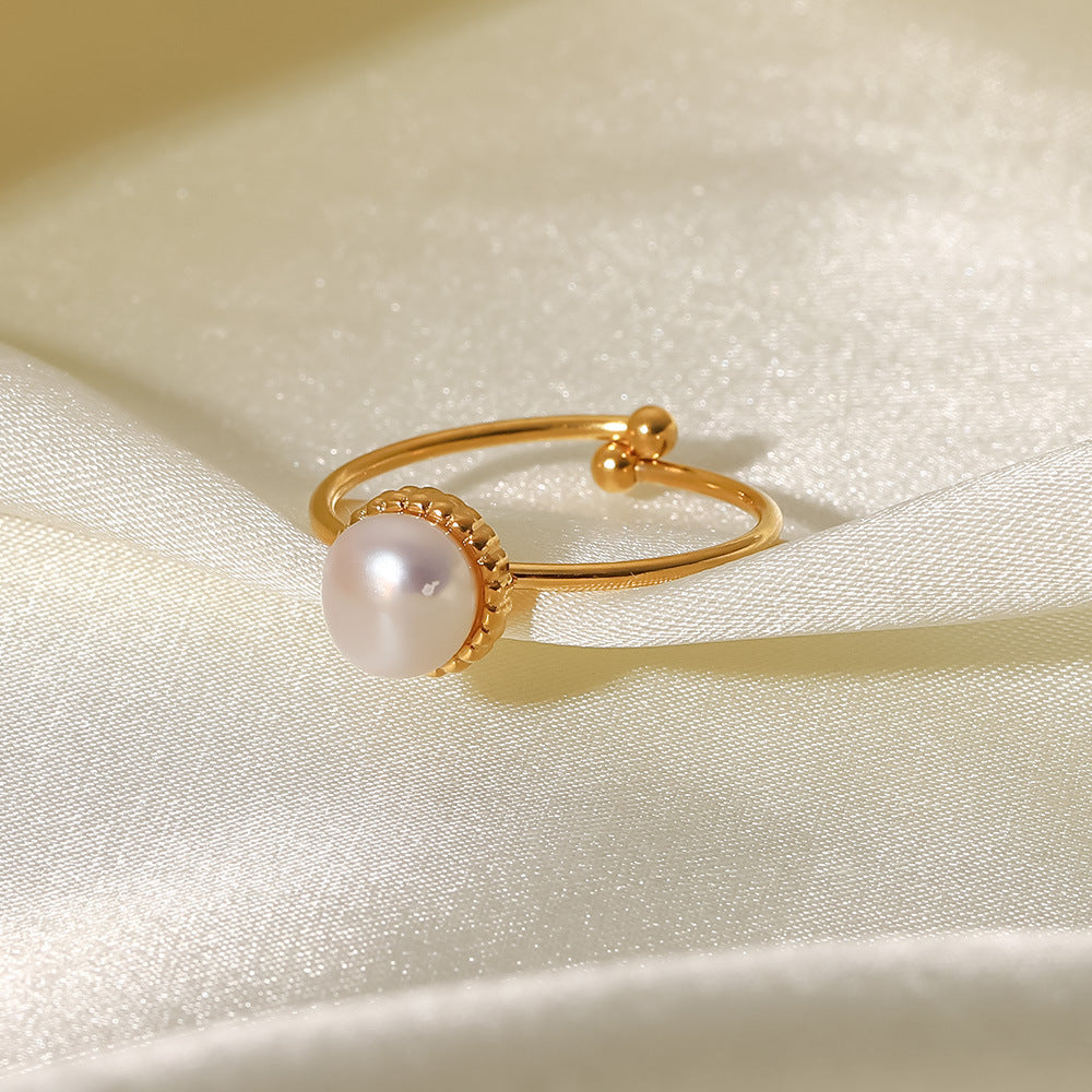 5pcs Stylish Matching Ring 18K Gold Stainless Steel Adjustable Light Pearl Bread Bead Fine Ring