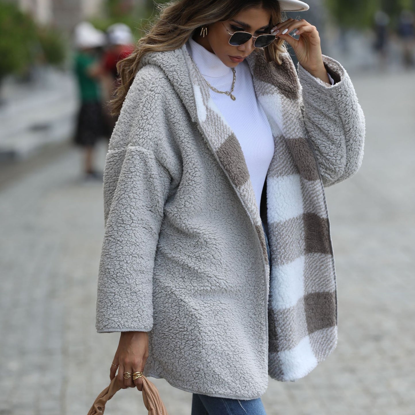 Glitter New Casual Plush Women's Hooded Conventional Long-Sleeved Loose Check Bubble Velvet Unbuttoned Coat