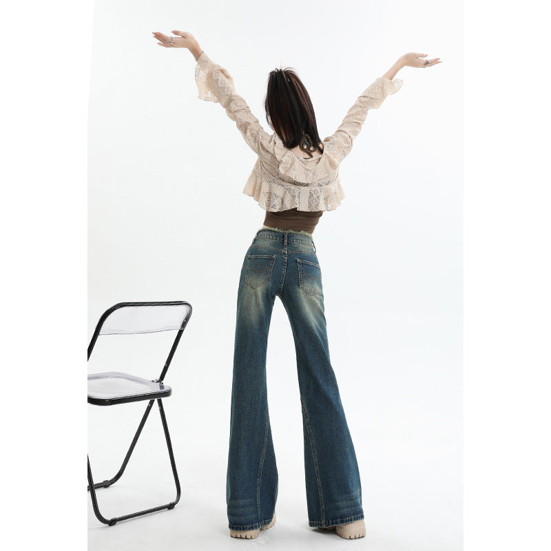 Street Vintage Mid-Waisted Skinny Hottie Jeans Women's Slacks With Wide Legs And Rough Edges