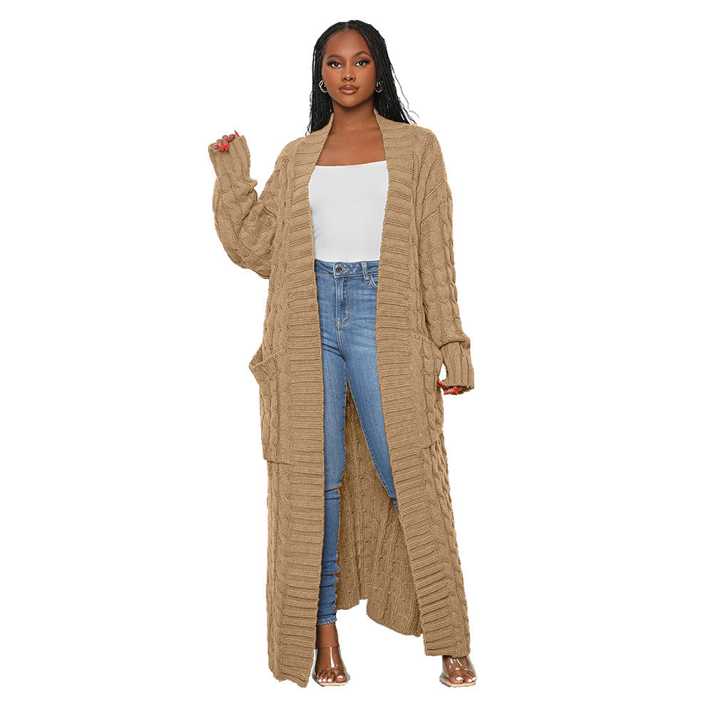 Women's Autumn And Winter New Loose Knit Cardigan Lazy Pocket Long Twist Sweater Coat