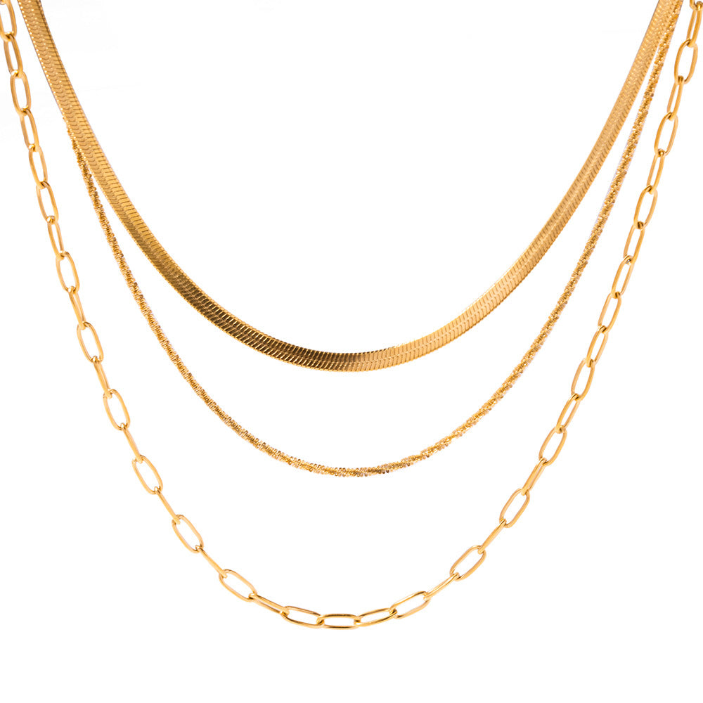 5pcs Necklace 18K Gold Stainless Steel Flat Snake Chain Sparkling Chain Paper Clip Chain Three Layer Necklace