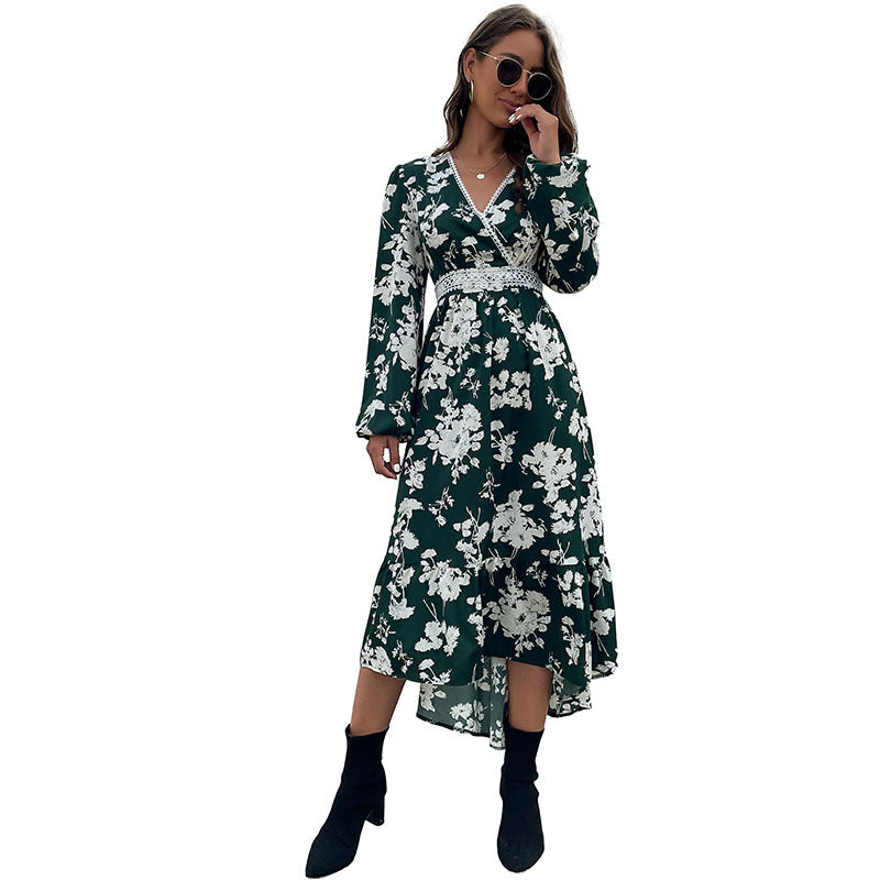 Fashion Women's Spring New Ruffled Long-Sleeve Printed Irregular Dress