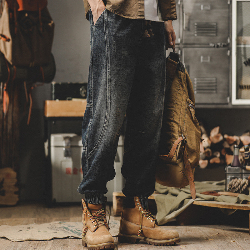 Heavy Vintage Cargo Pants Men Spring And Autumn Loose Large Size Jeans Men Autumn Bunched Feet Wide Leg Casual Pants