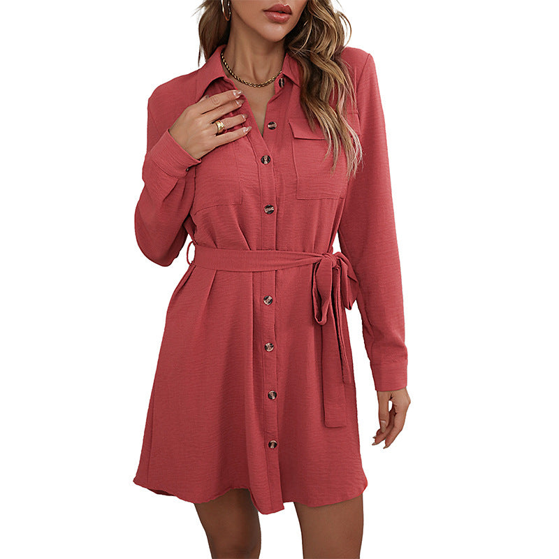 Early Autumn Fashion Dress Red Long-Sleeved Lapel Shirt Dress