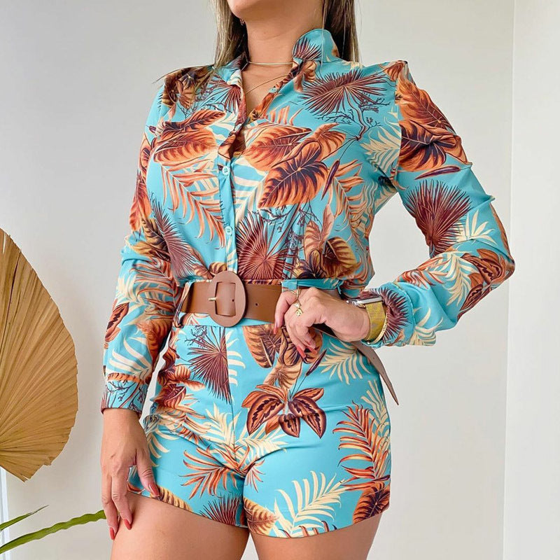 Fashion Casual Suit Women's Printed Long Sleeve Shirt Shorts Women's Two-Piece Set
