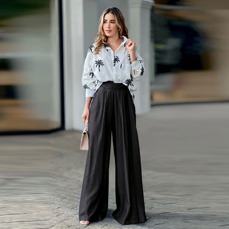 Autumn And Winter New Lapel Print Top Wide Leg Pants Fashion Suit Woman