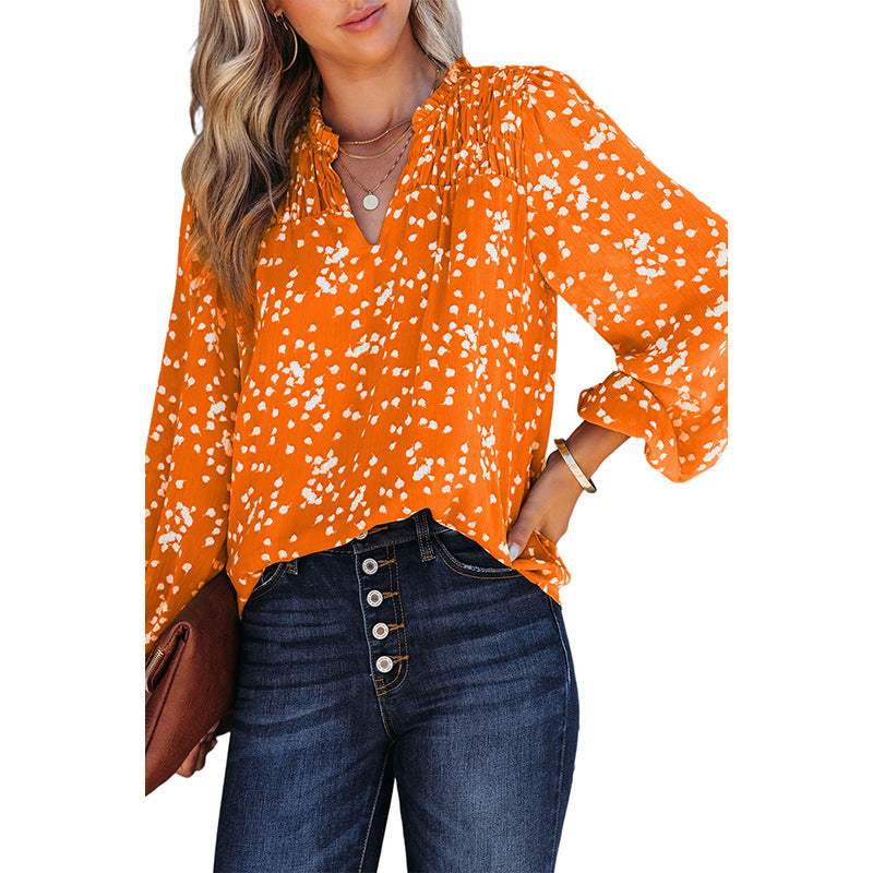 Shiying Yellow Romantic Print Crepe Chiffon Shirt Women's V-Neck Pullover Top
