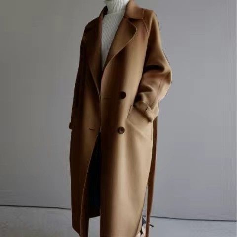 New Winter Medium Long Beige Woollen Waitmore Long Waisted Harajuku Over The Knee Woolen Coat