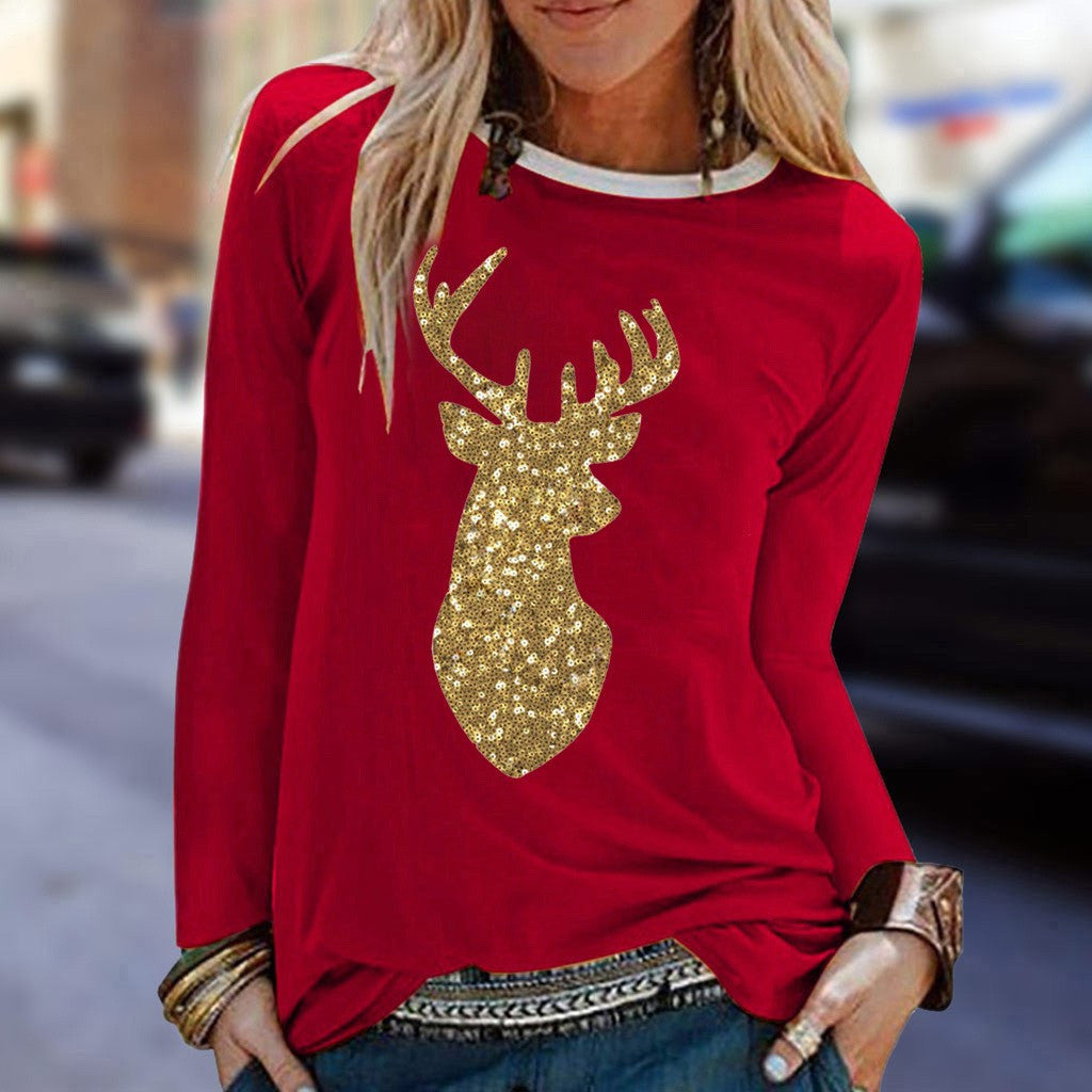 Cross Fall New Ladies Christmas Sequined Antler Print Ladies Fresh Sweet Long Sleeve T-Shirt