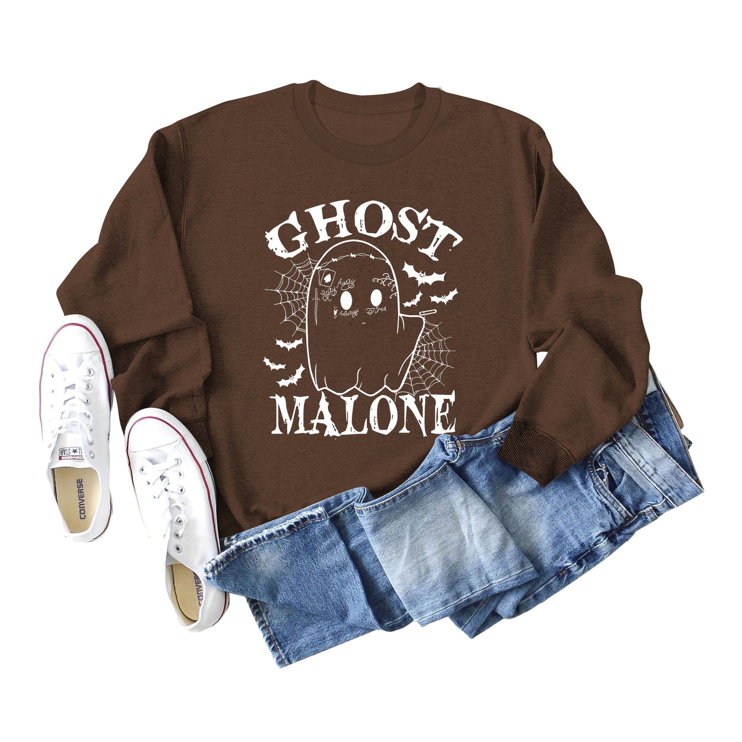 Ghost Malone Letter Round Neck Fashion Bat Round Neck Halloween Long Sleeve Hoodie
