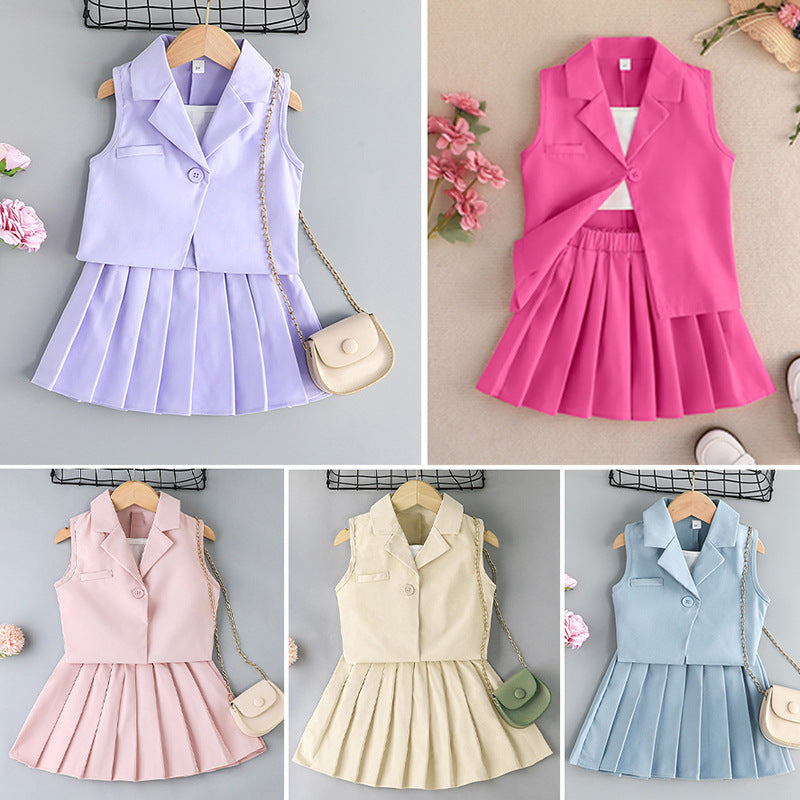 Summer Girls Halter T-Shirt + Skirt + Vest Jacket Three-Piece Pleated Skirt Suit British Style