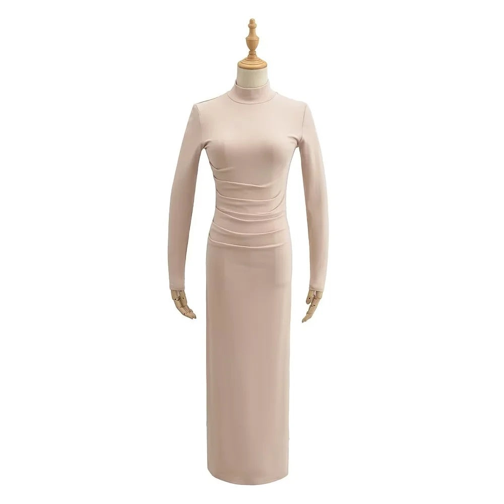 Female New Spring New Sexy Spice Girl Pure Wind Half High Neck Long Sleeve Pleated Dress