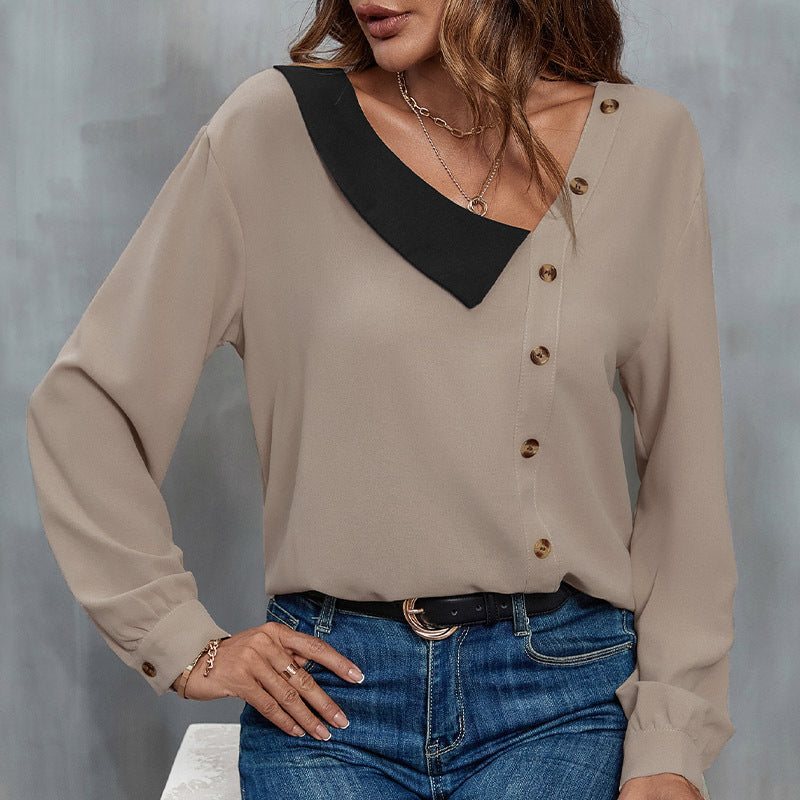 Loose Autumn New Button-Down V-Neck Long-Sleeved Knitwear Solid Color Blouse Blouse