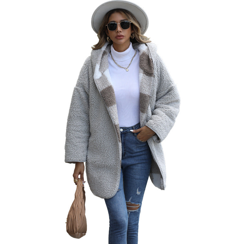 Glitter New Casual Plush Women's Hooded Conventional Long-Sleeved Loose Check Bubble Velvet Unbuttoned Coat