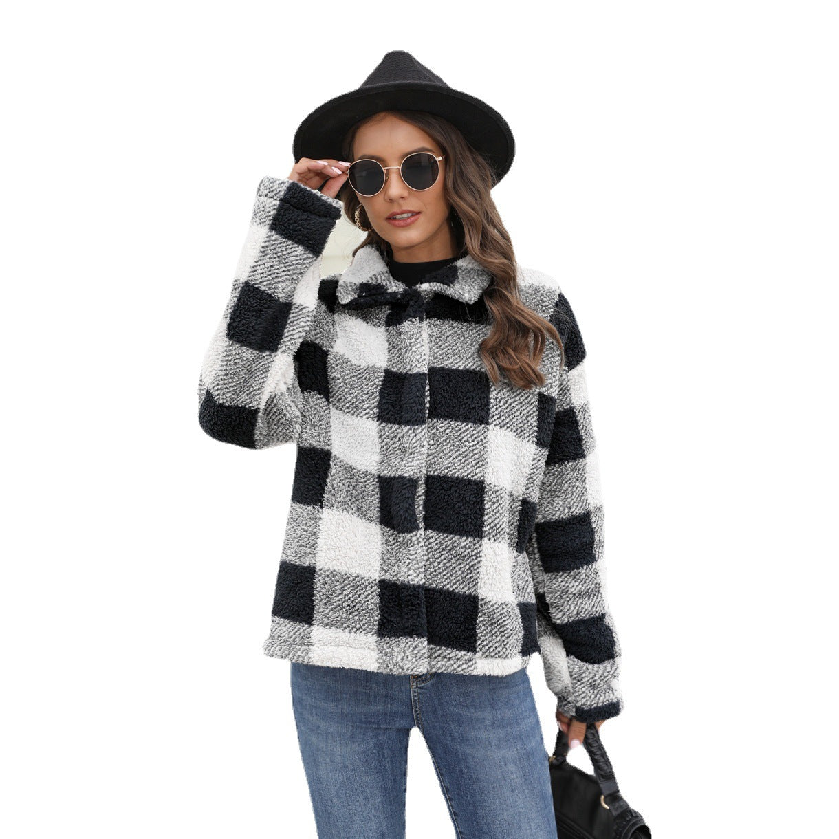 Mid-Length Autumn-Winter Button-Up Warm Coat Women's Retro Long-Sleeved Lapel Plaid Double-Sided Plush Coat