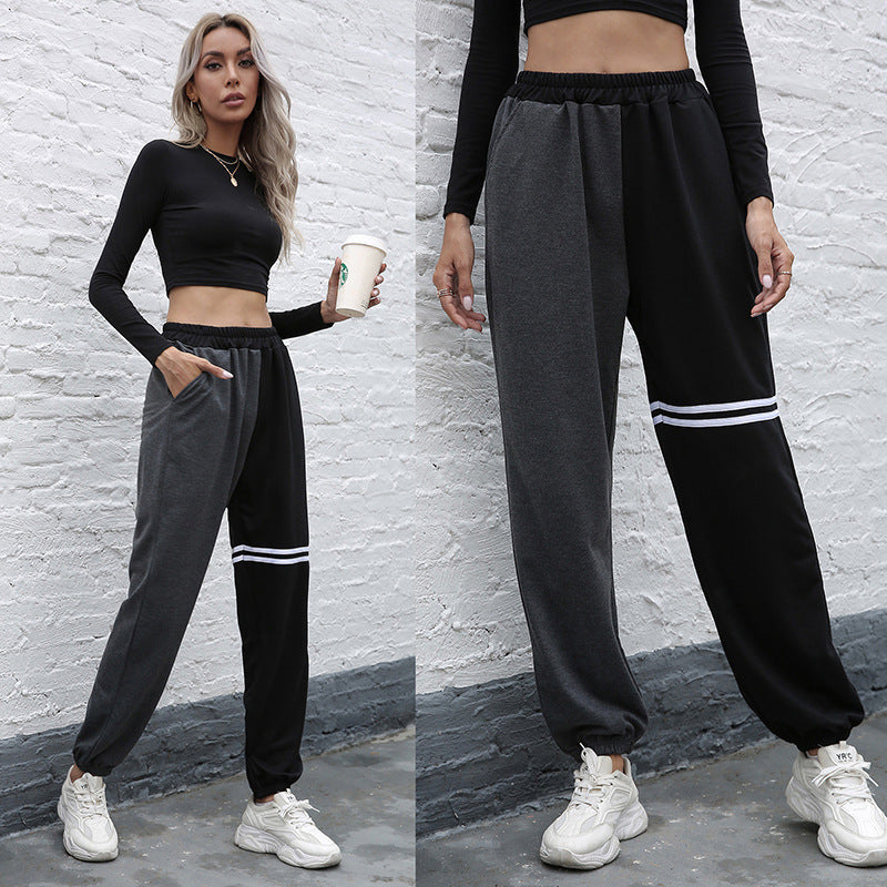Black Pants Patchwork Color Raise Hip High Waist Straight Leg Sports Pants