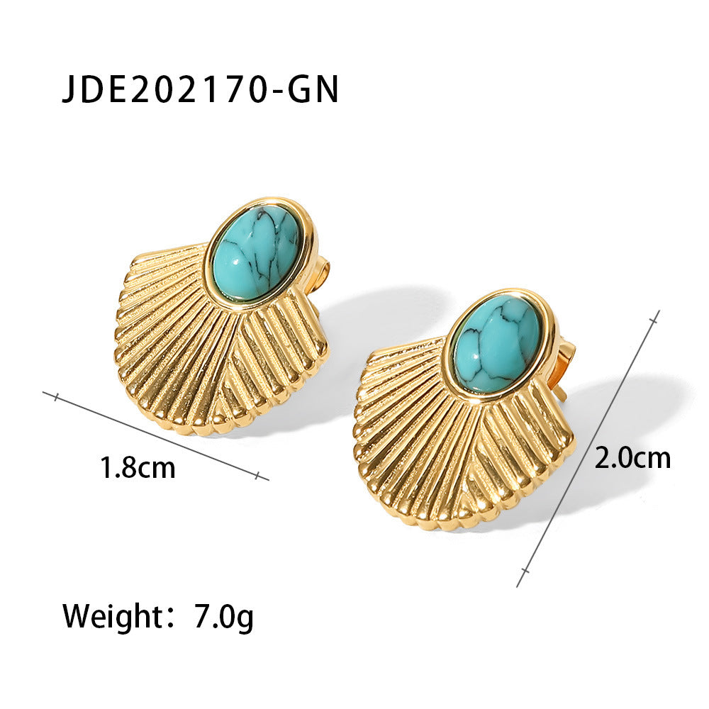 5pcs Vintage Stainless Steel 18K Gold Plated Turquoise Ribbed Scalloped Earrings For Women