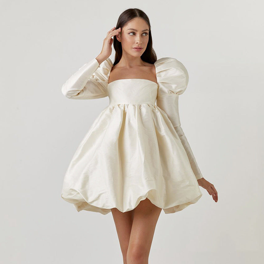 Autumn Puffed Sleeve Satin Color Ding Princess Dress Gown Long Sleeve Square Collar Court Style Dress Woman