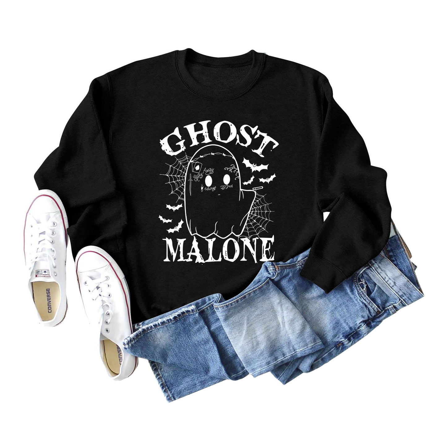 Ghost Malone Letter Round Neck Fashion Bat Round Neck Halloween Long Sleeve Hoodie