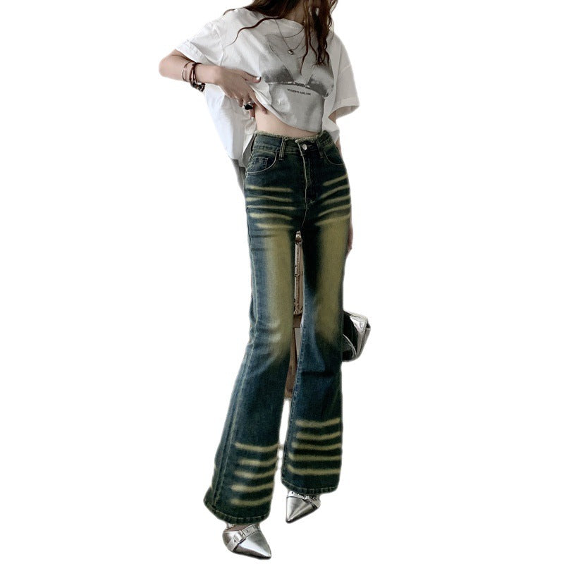 Early Fall New Retro Micro-Ripped Jeans Women Do Old High-Waisted Skinny Rough Edge Mop Bell Bottoms