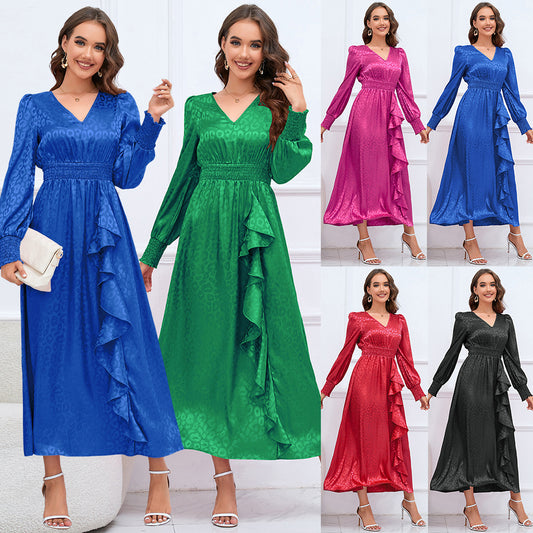 Women's Dress Autumn And Winter V-Neck Long Sleeve Leopard Dress Big Size