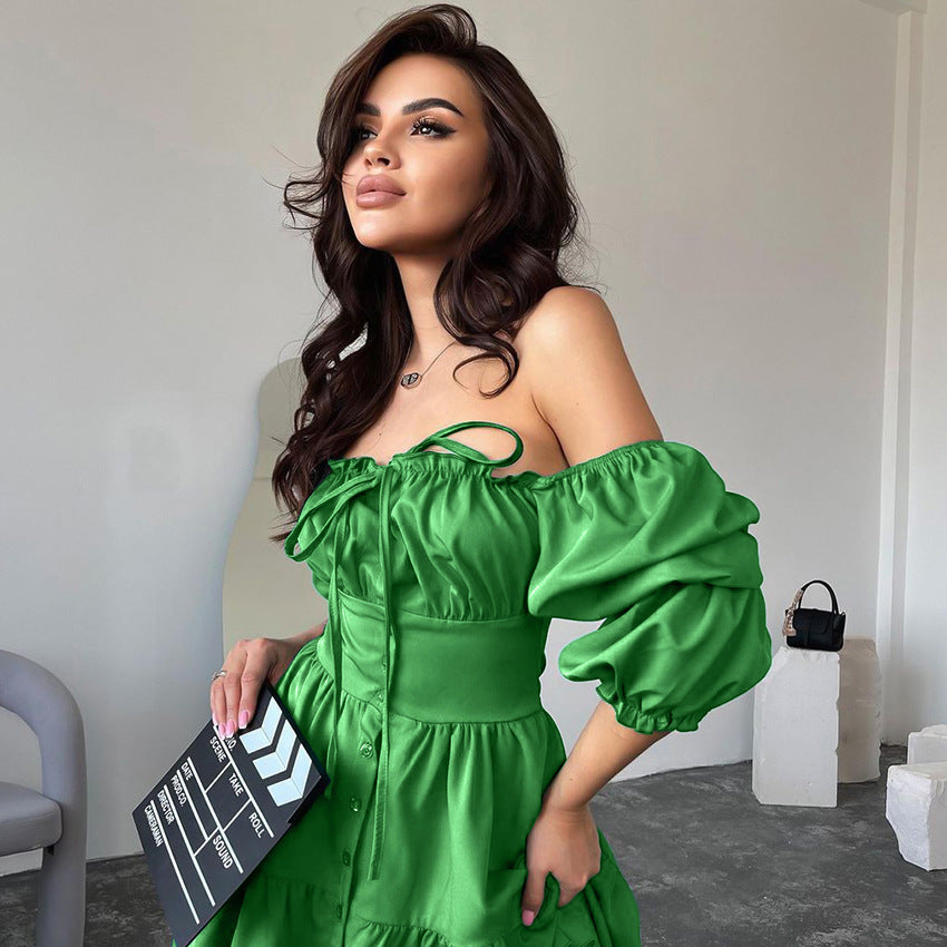 New Solid Color Halter-Neck Square Collar Bubble Sleeve Sexy Dress Summer Dress Skirt