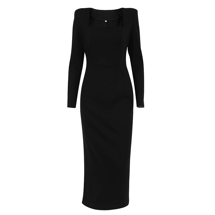 Autumn And Winter Women's Long Dress Square Collar Temperament Little Black Dress Slim-Fit Bag Hip Design Dress