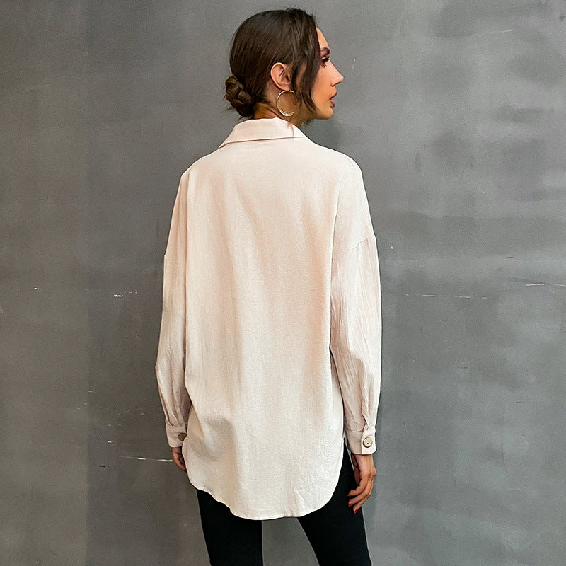 Early Autumn Fashion Casual Long Shirt Lapel Long Sleeve Solid Color Shirt