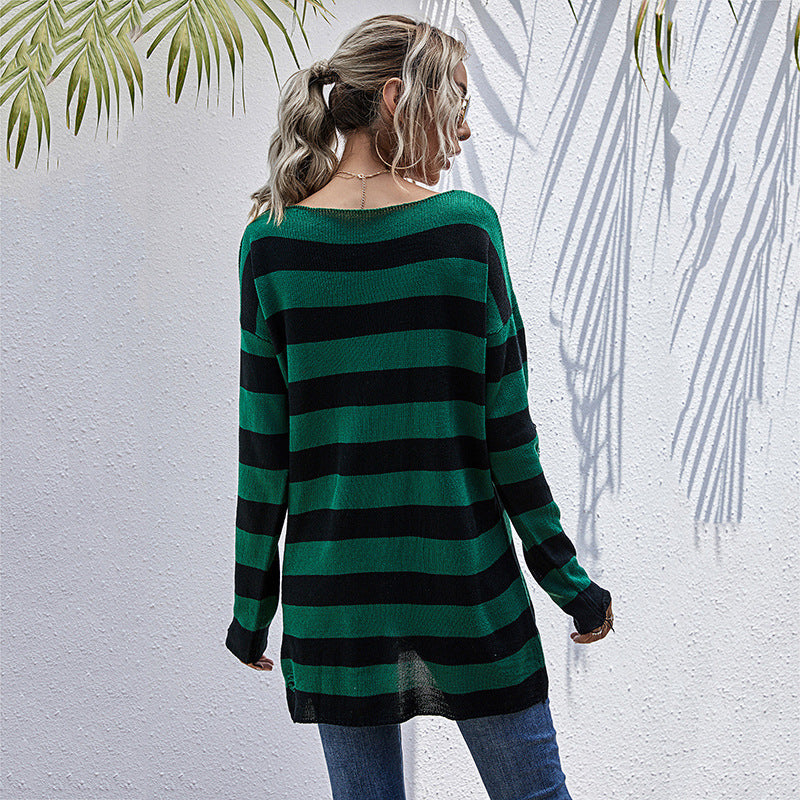 V-Neck Striped Knit Bottom Sweater Female Autumn